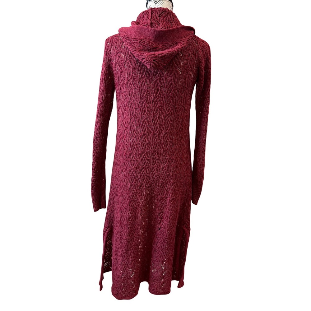 Poof! Burgundy Pointelle‎ Knit Hooded Duster Cardigan Womens Medium Open Front - Picture 3 of 6
